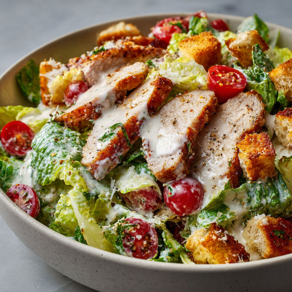 Salade César gourmande à la noix de veau et croûtons dorés, nappée d’une sauce onctueuse au parmesan et aux anchois