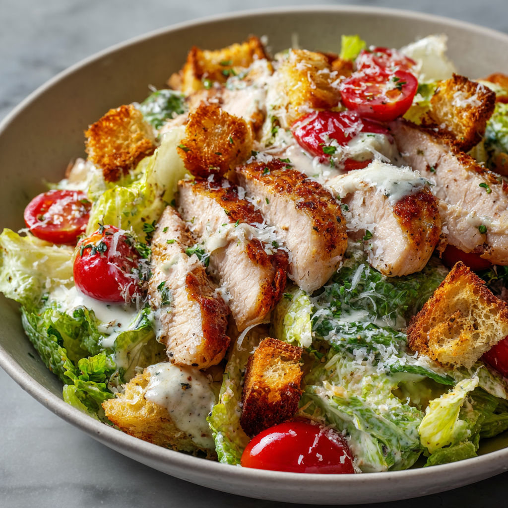 Salade César revisitée : lamelles de veau tendre, copeaux de parmesan, croûtons dorés et sauce aux anchois et citron, pour un plat frais et gourmand.