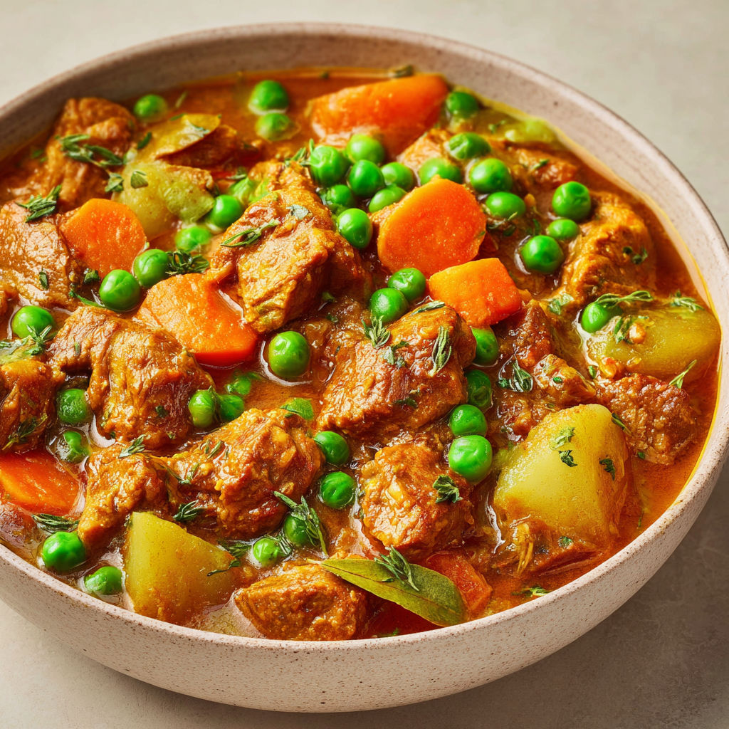Ragoût de quasi de veau tandoori, petits pois nappés d’une sauce parfumée et riche.