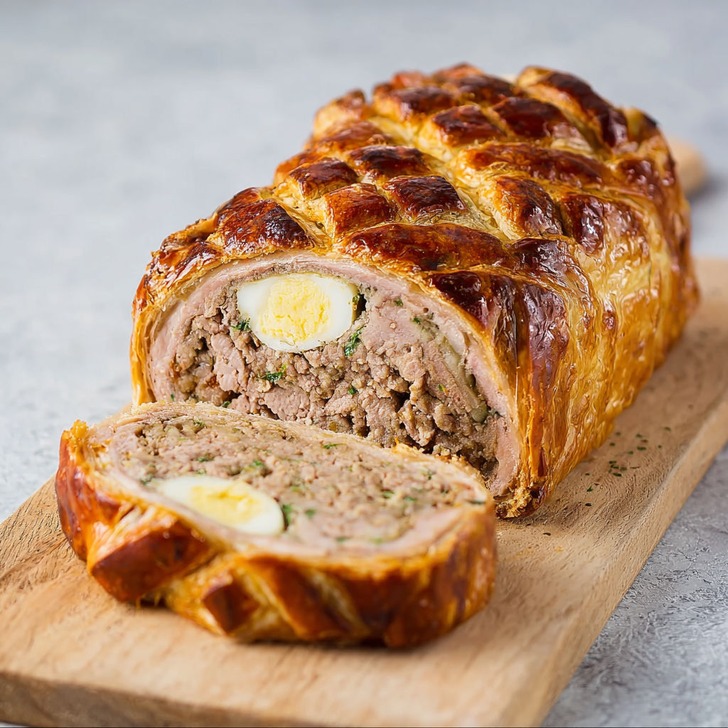 Pain de veau en croûte dorée, farce moelleuse aux herbes et touche rustique.