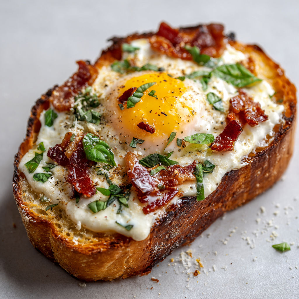 Bruschetta façon carbonara ultra gourmande, pain perdu croustillant et cœur fondant.