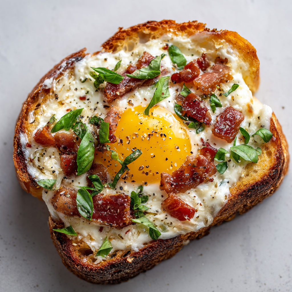 Tartine carbonara revisitée, pain doré, crème onctueuse et lardons croustillants.