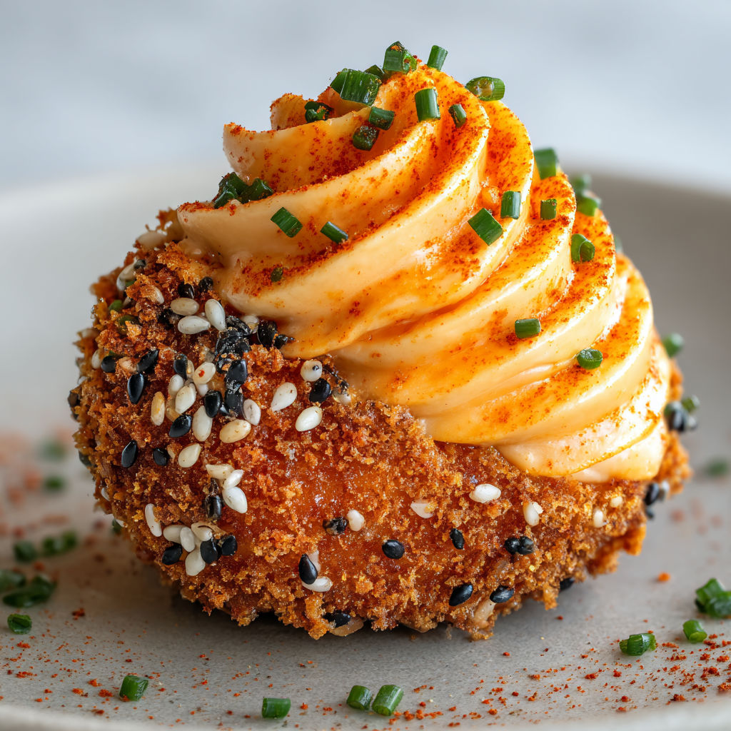 Œufs mimosa revisités au chorizo, panure dorée et mousse onctueuse.