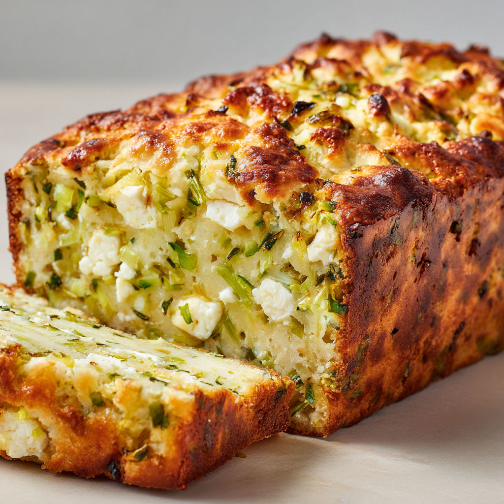 Cake salé anti-gaspi aux verts de poireaux et feta, moelleux et plein de saveurs.