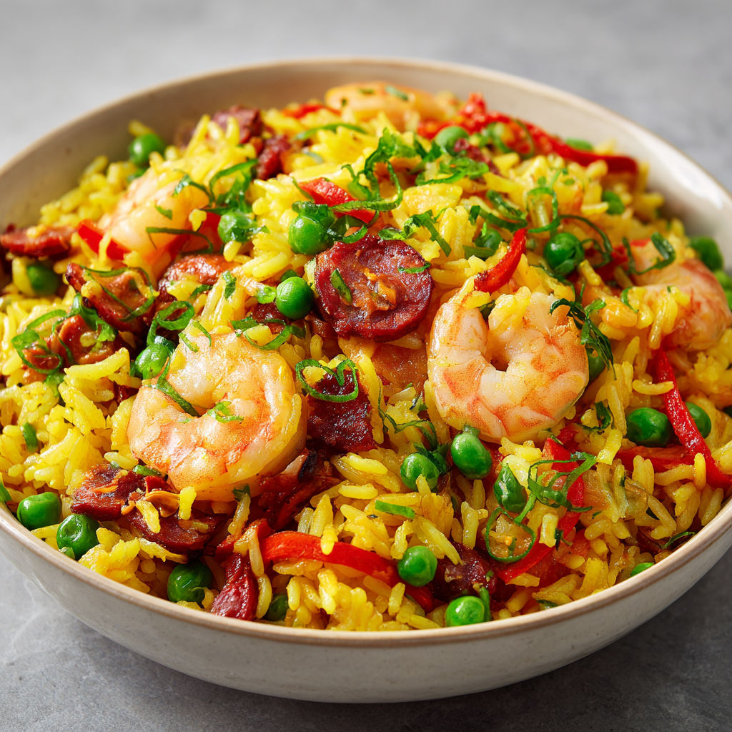 Une salade de riz aux moules et aux crevettes à la valencienne est servie dans un bol.