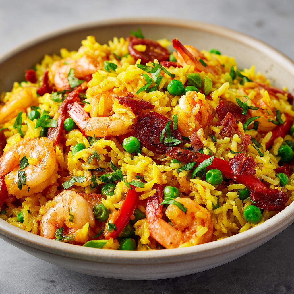 Salade de riz valencienne aux fruits de mer, colorée et pleine de saveurs.