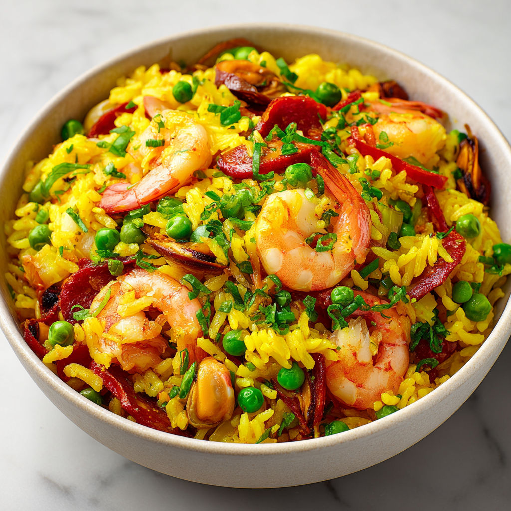 Riz aux moules et crevettes façon paella froide, parfumé au safran et chorizo.