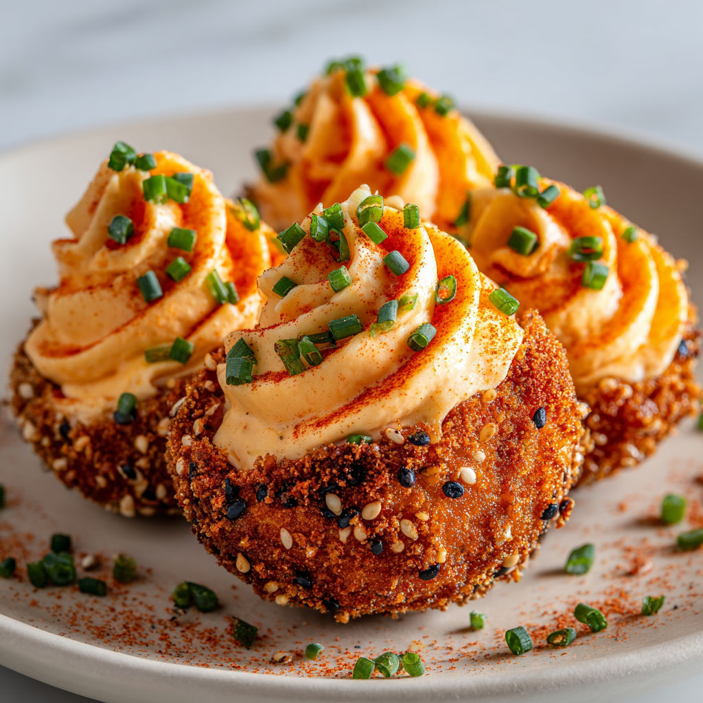 Œufs mimosa croustillants au chorizo, cœur fondant et enrobage ultra crispy.