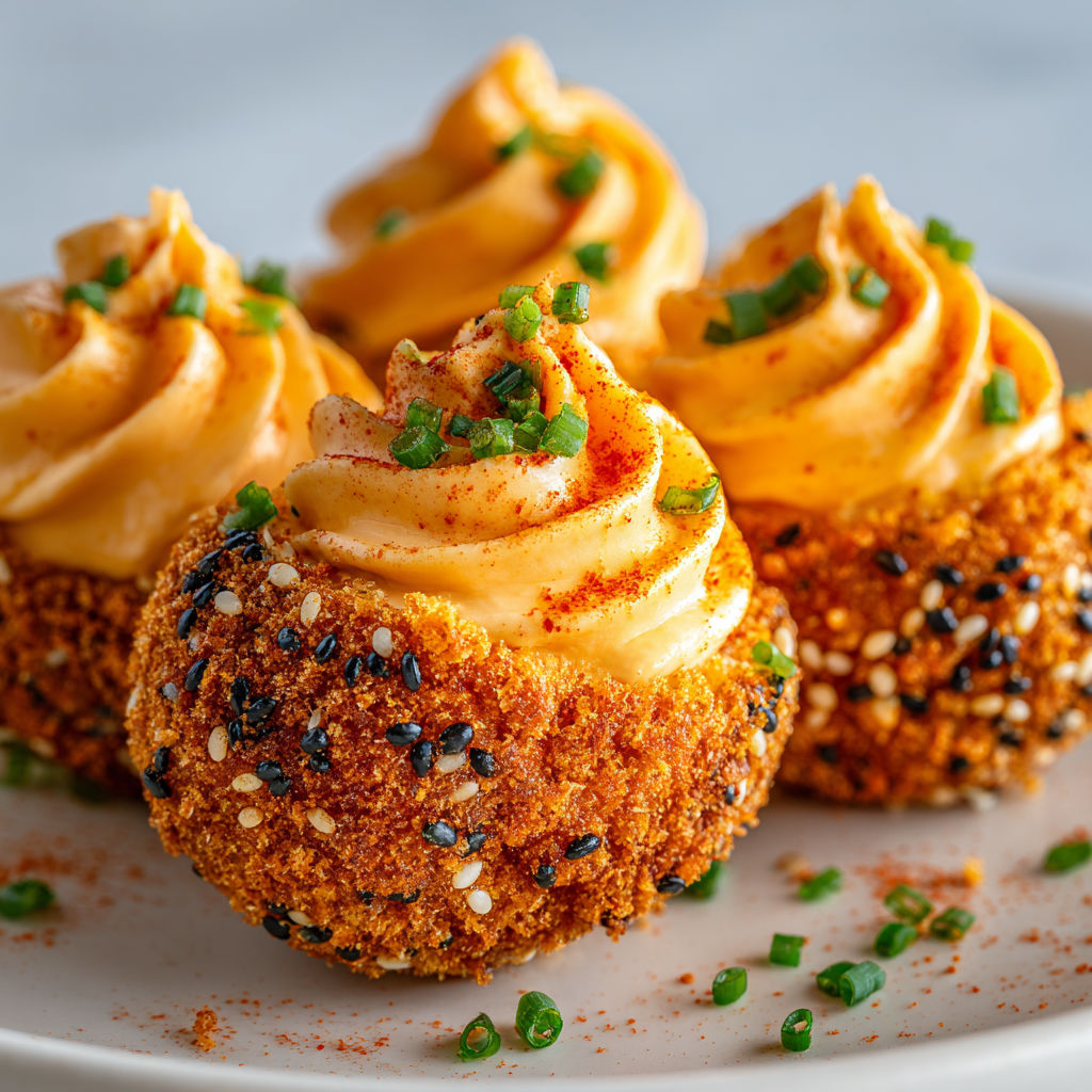 Bouchées d’œufs mimosa crispy au chorizo, explosion de textures et de saveurs épicées.