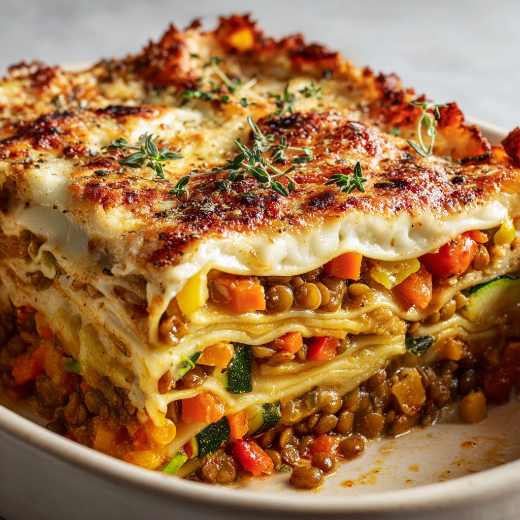 Un plat de lasagnes végétariennes aux lentilles, avec des légumes et des herbes fraîches.