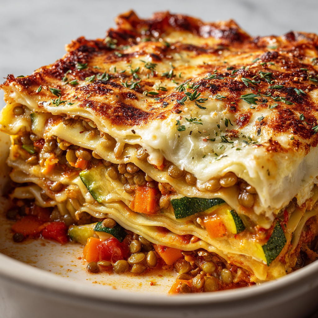 Lasagnes végétariennes gourmandes aux lentilles et légumes fondants.