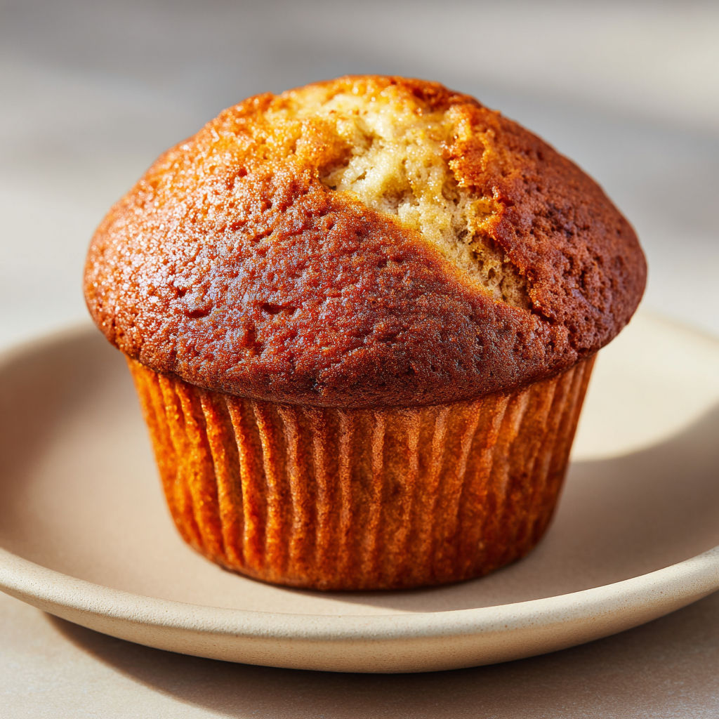 Un muffin à la banane est présenté sur un plateau.