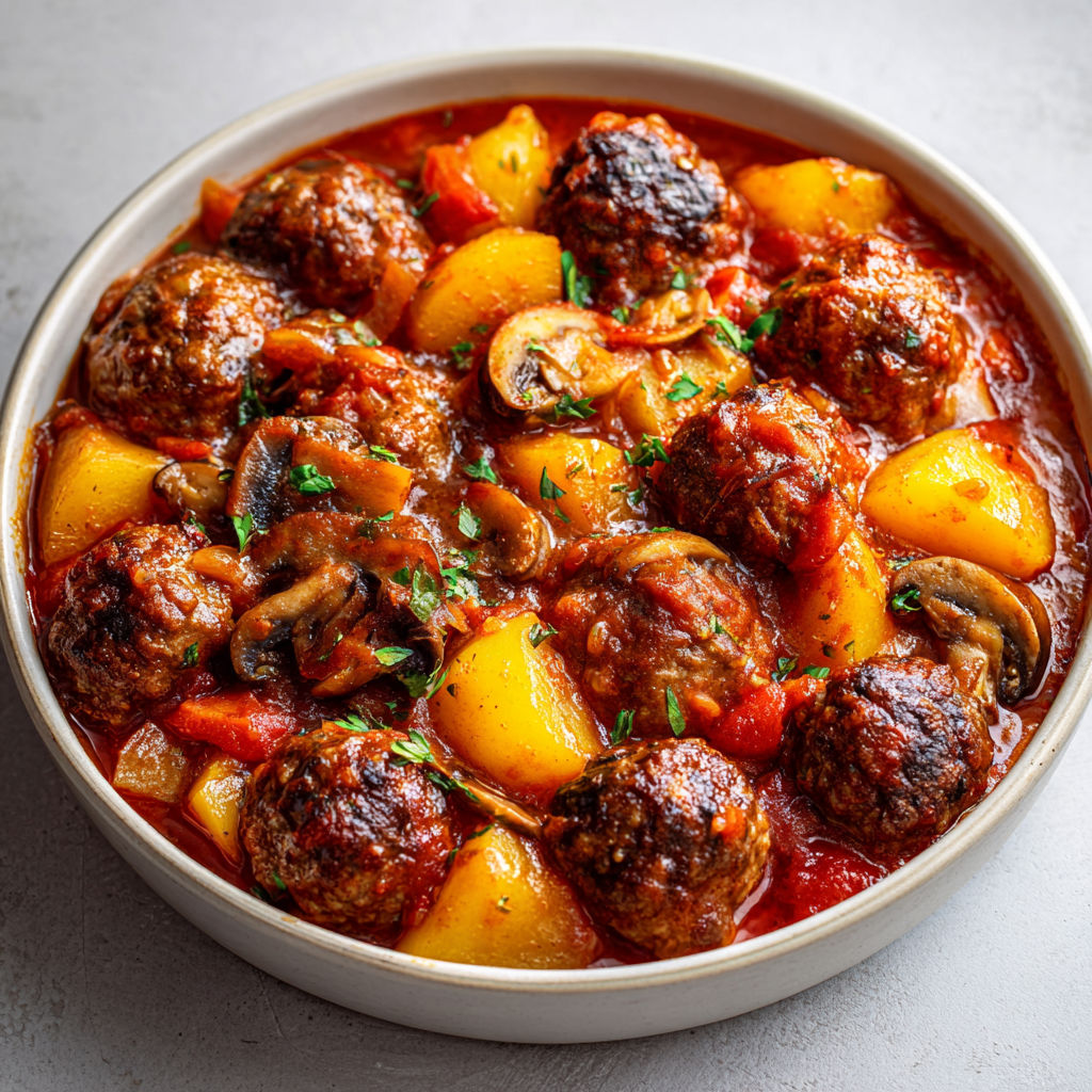 Pommes de terre fondantes et boulettes de bœuf à la sauce onctueuse