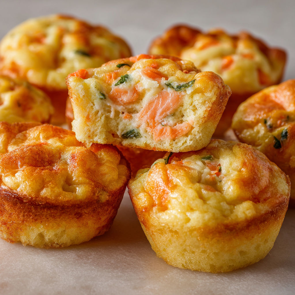 Des mini cakes au saumon et au Boursin sont présentés sur une table.