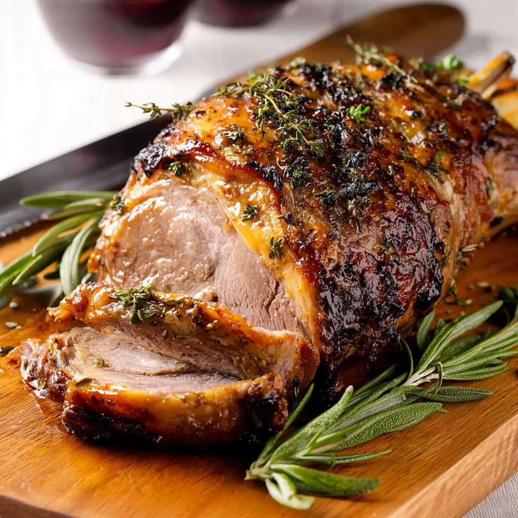 Gigot d’agneau à la broche mariné aux herbes et épices, tendre et juteux.