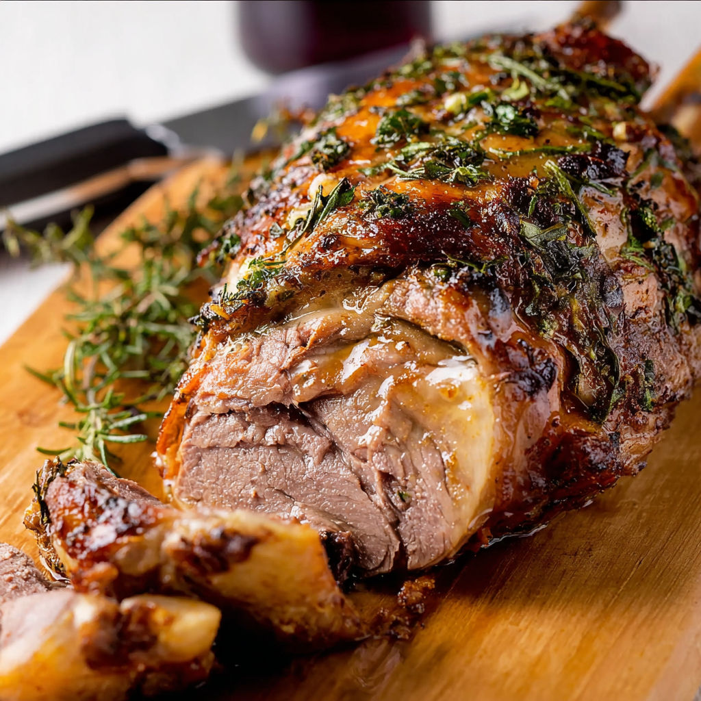Un gigot d'agneau grillé avec des herbes et des épices, prêt à être mangé.