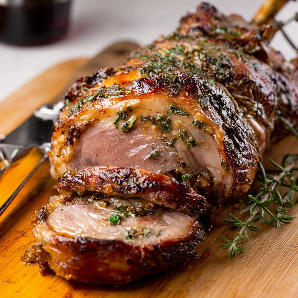 Gigot d'agneau à la broche, un plat de viande grillée avec des herbes et des épices, est présenté sur une planche de bois.