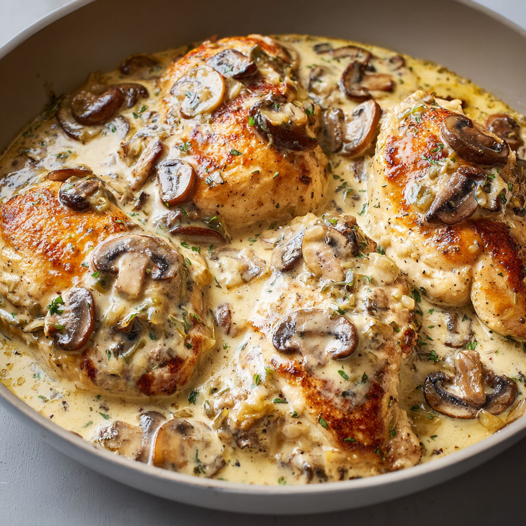 Un plat de poulet crémeux aux champignons, façon bistrot, est servie dans un bol.