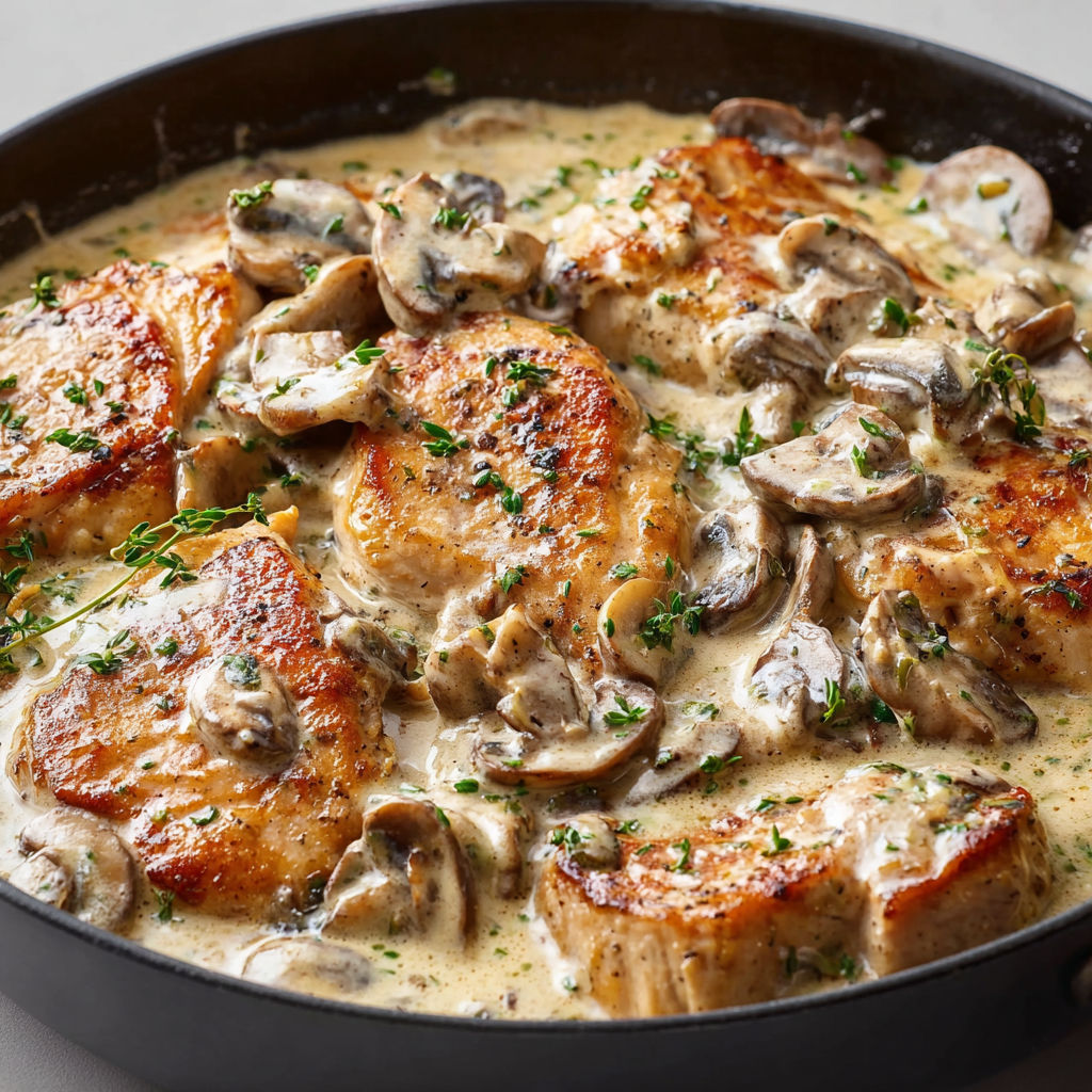 Une recette de poulet avec des champignons et des herbes, servie dans un bol en fonte.