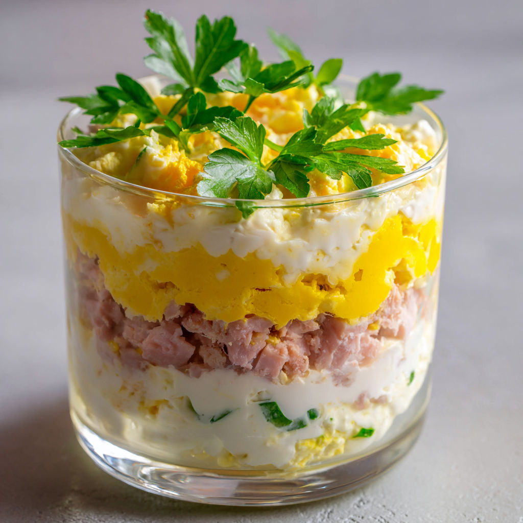 Une verrine d'oeuf mimosa au jambon est servie dans un verre transparent.