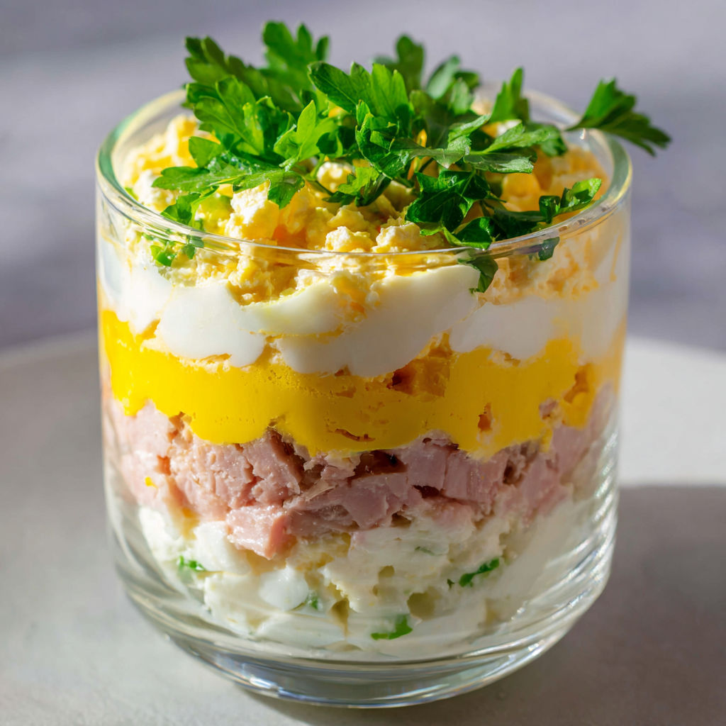 Verrines d’œufs mimosa au jambon, simples et gourmandes.