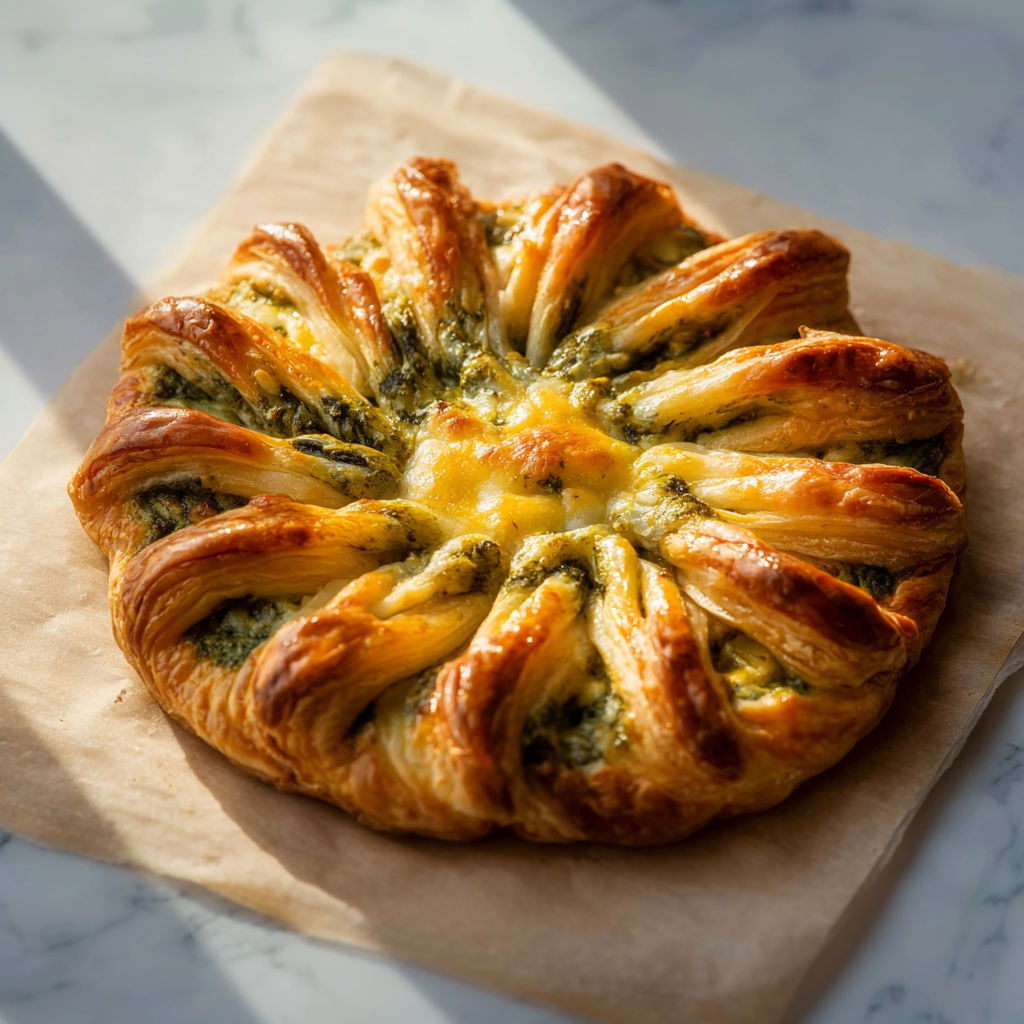 Une pâte de quiche aux herbes, au fromage et à la crème, servie sur un papier beige.