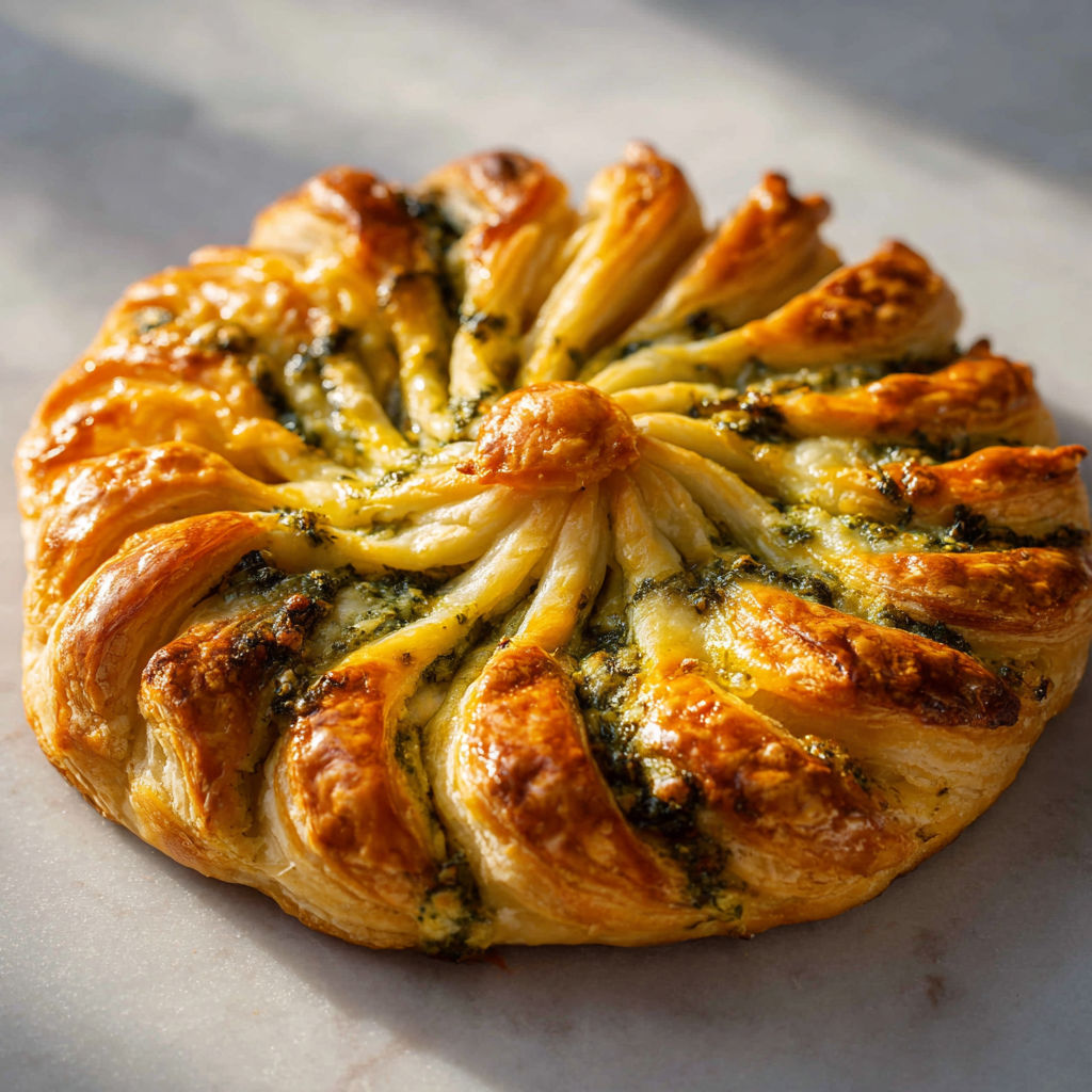 Tarte soleil croustillante au pesto et fromage fondant, prête en un rien de temps.
