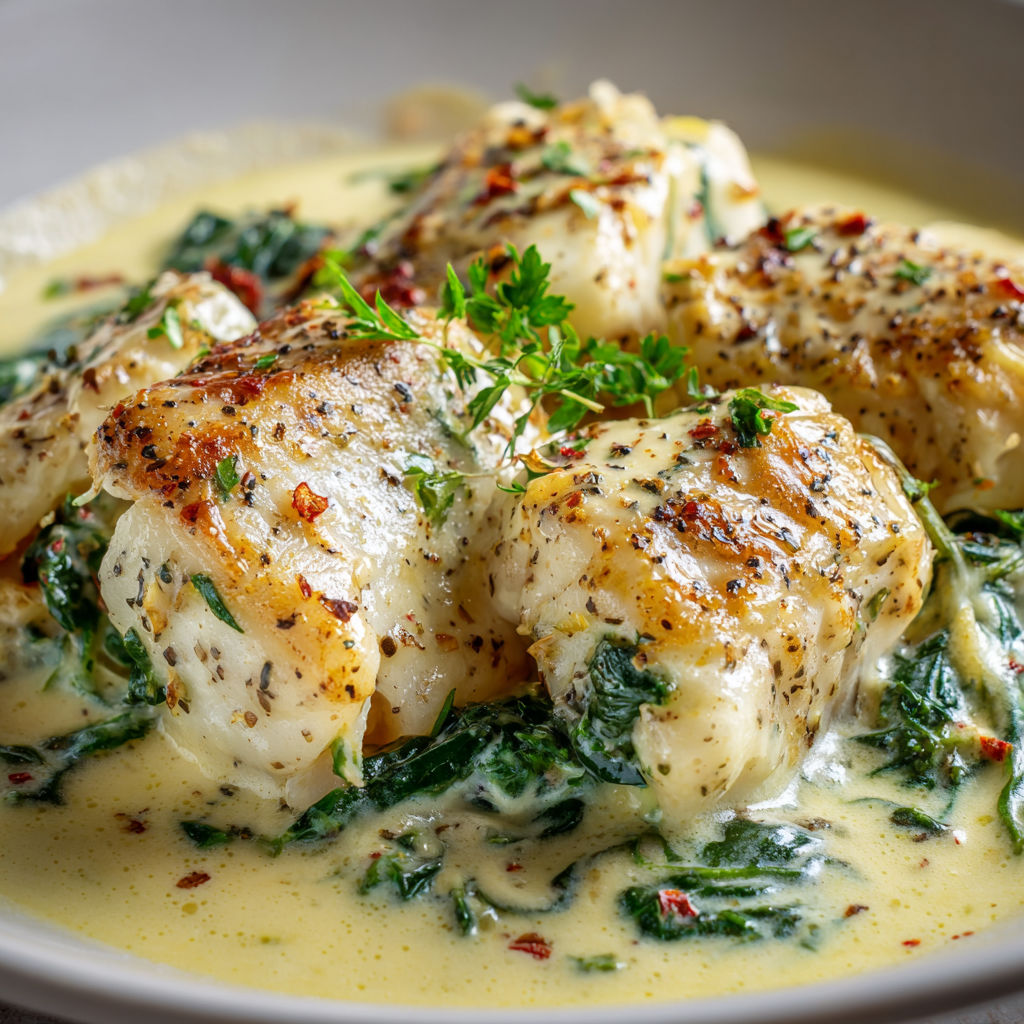 Cabillaud vapeur sur lit d’épinards fondants, nappé d’une sauce onctueuse au fumet de poisson.