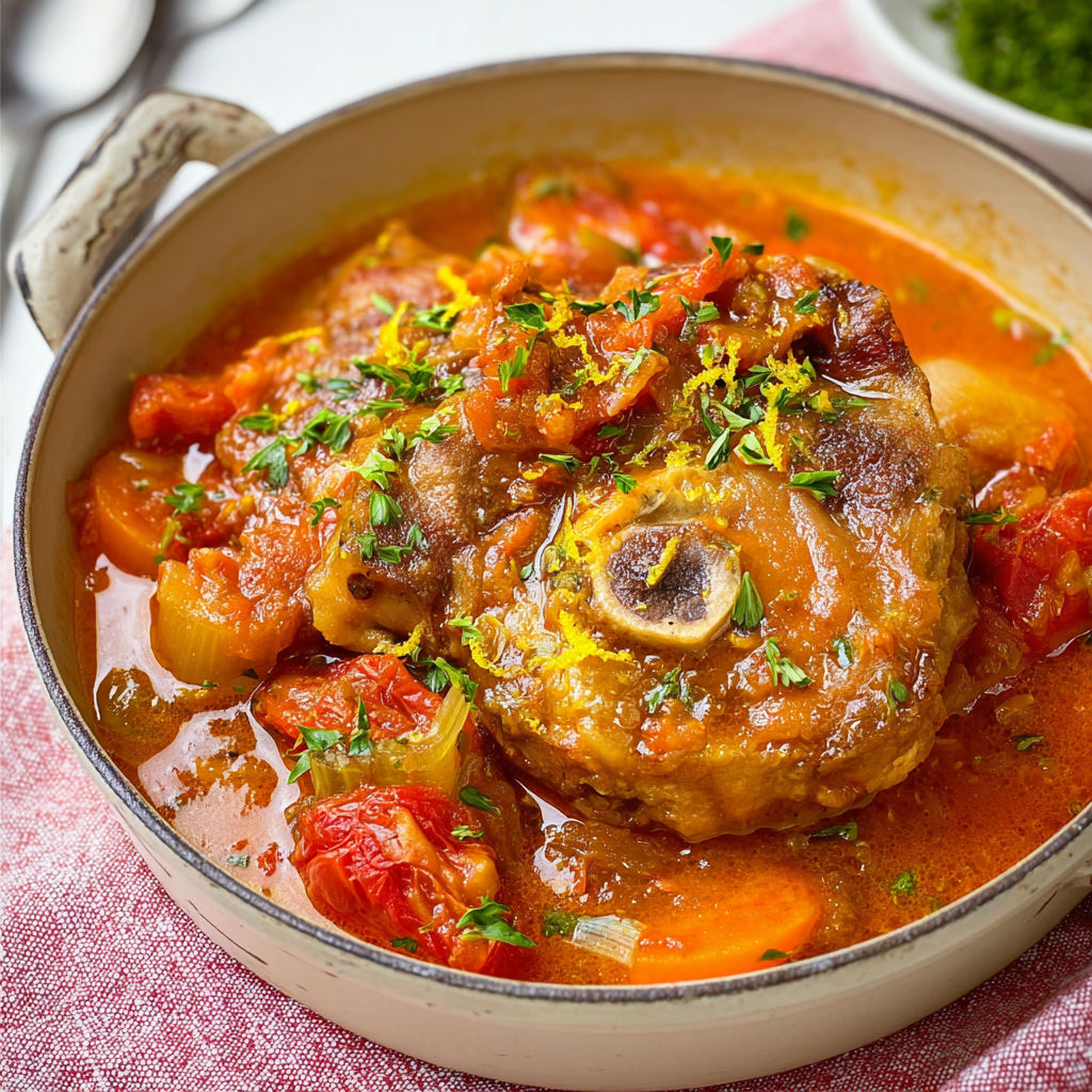 Osso bucco de dinde mijoté aux légumes, sauce tomate et vin blanc fondante.