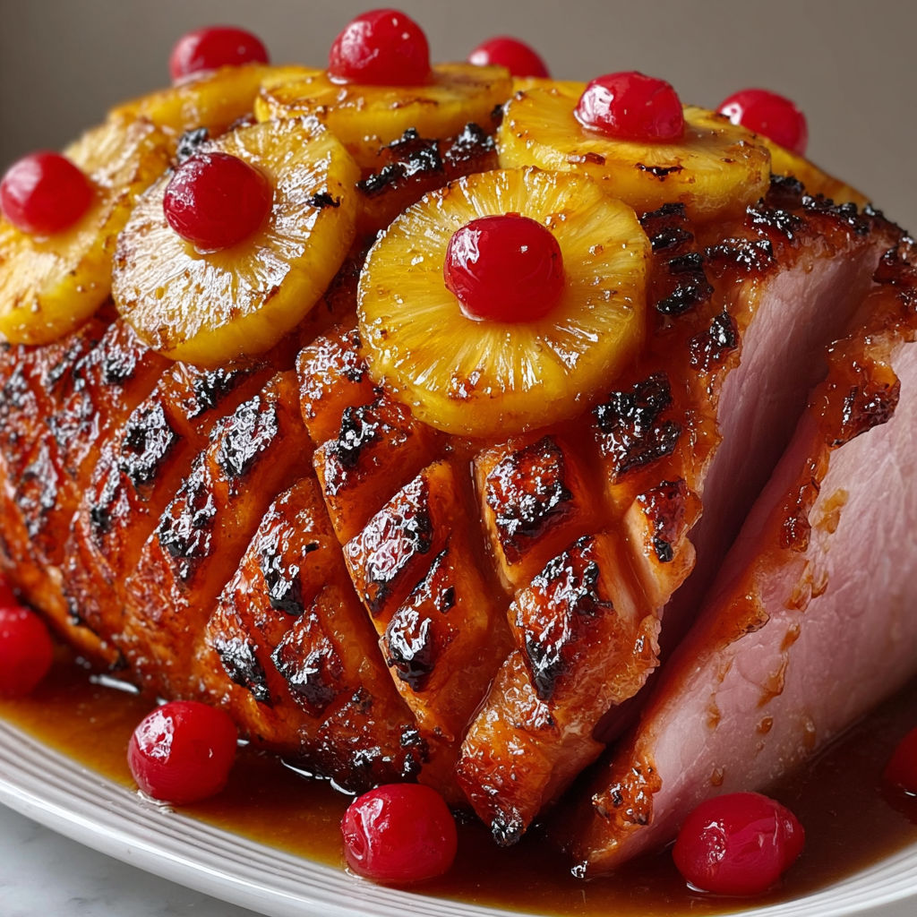Un plat de jambon glacé avec des ananas et des cerises confites.