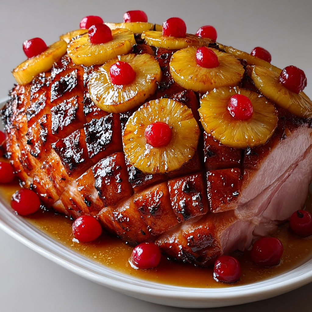 Jambon glacé à l’ananas et cerises, caramélisé au miel et moutarde.