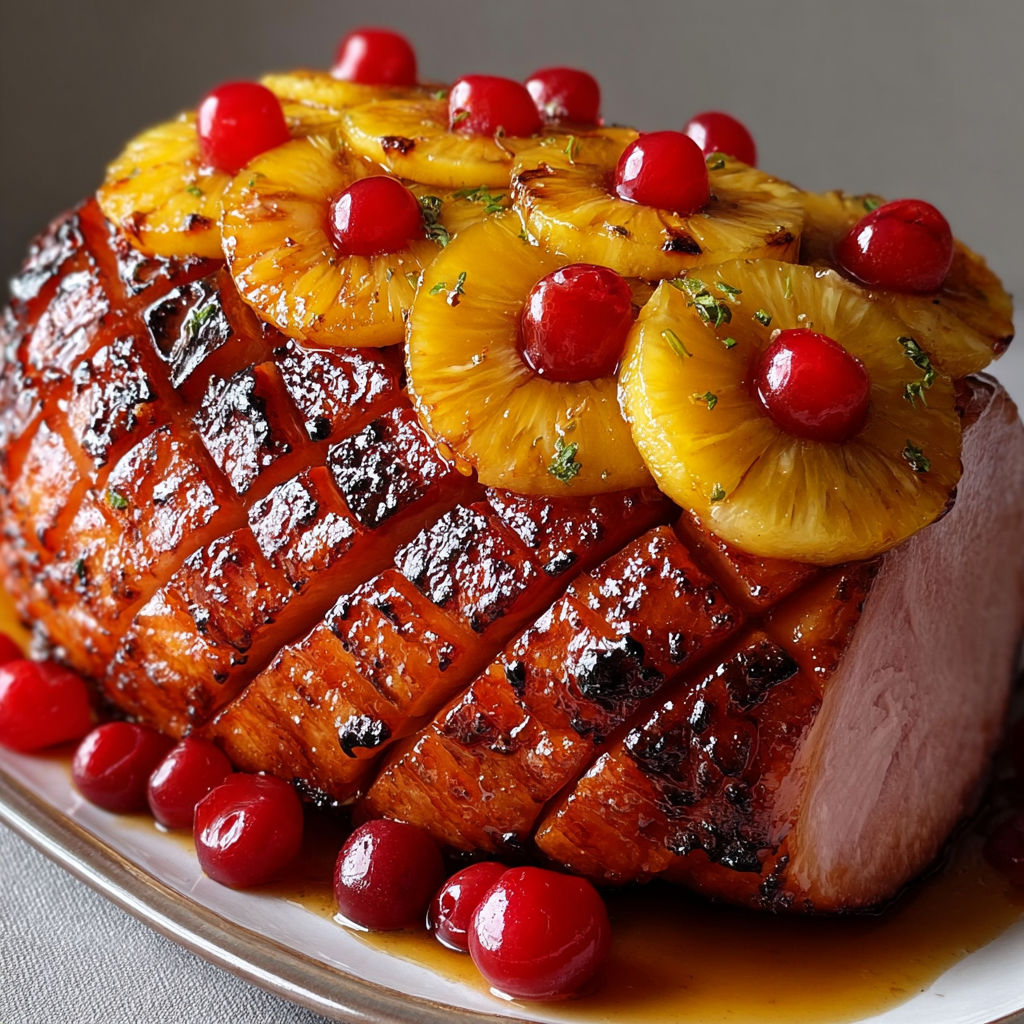 Jambon au four nappé d’un glaçage fruité, ananas fondant et touche gourmande.