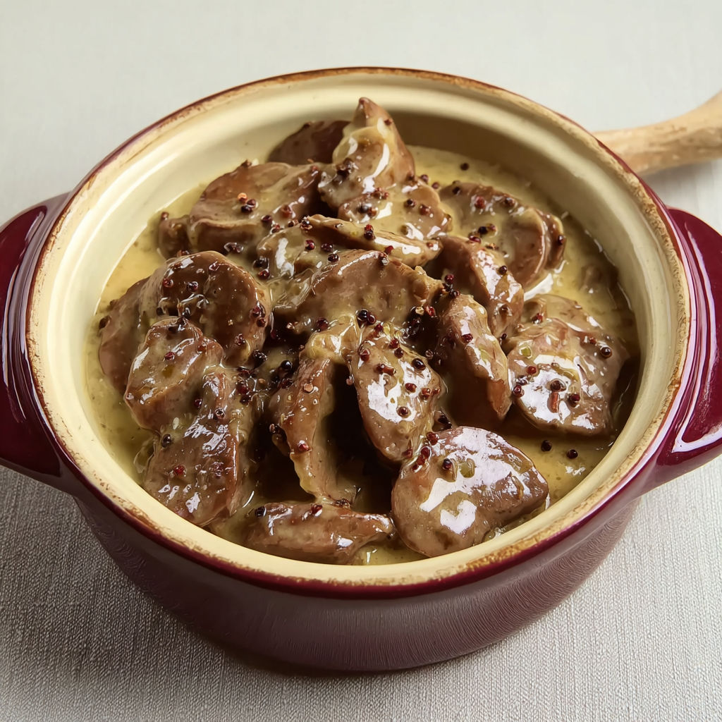 Rognons de veau poêlés, nappés d’une sauce onctueuse au vin blanc et moutarde.