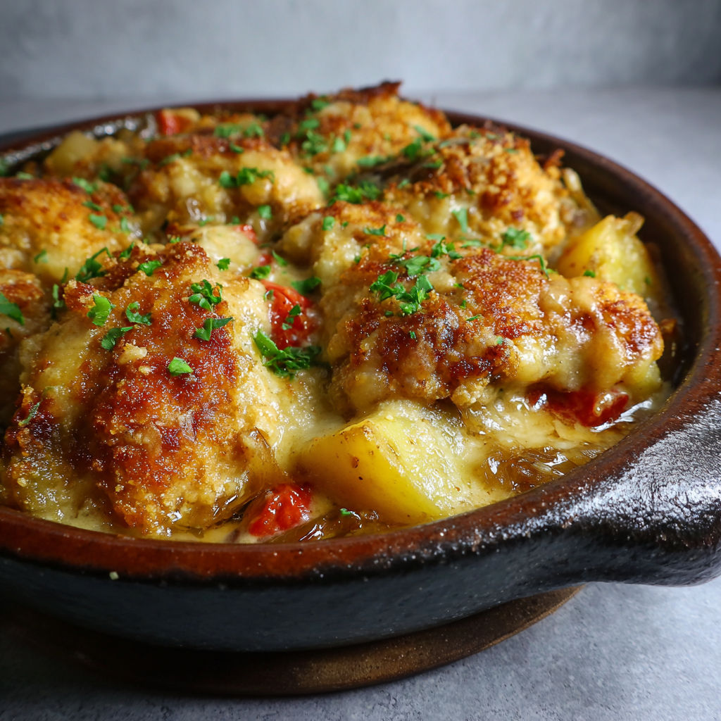 Une recette de Volaille gratinée à la moutarde et chapelure, sauce relevée façon bistrot épicé.