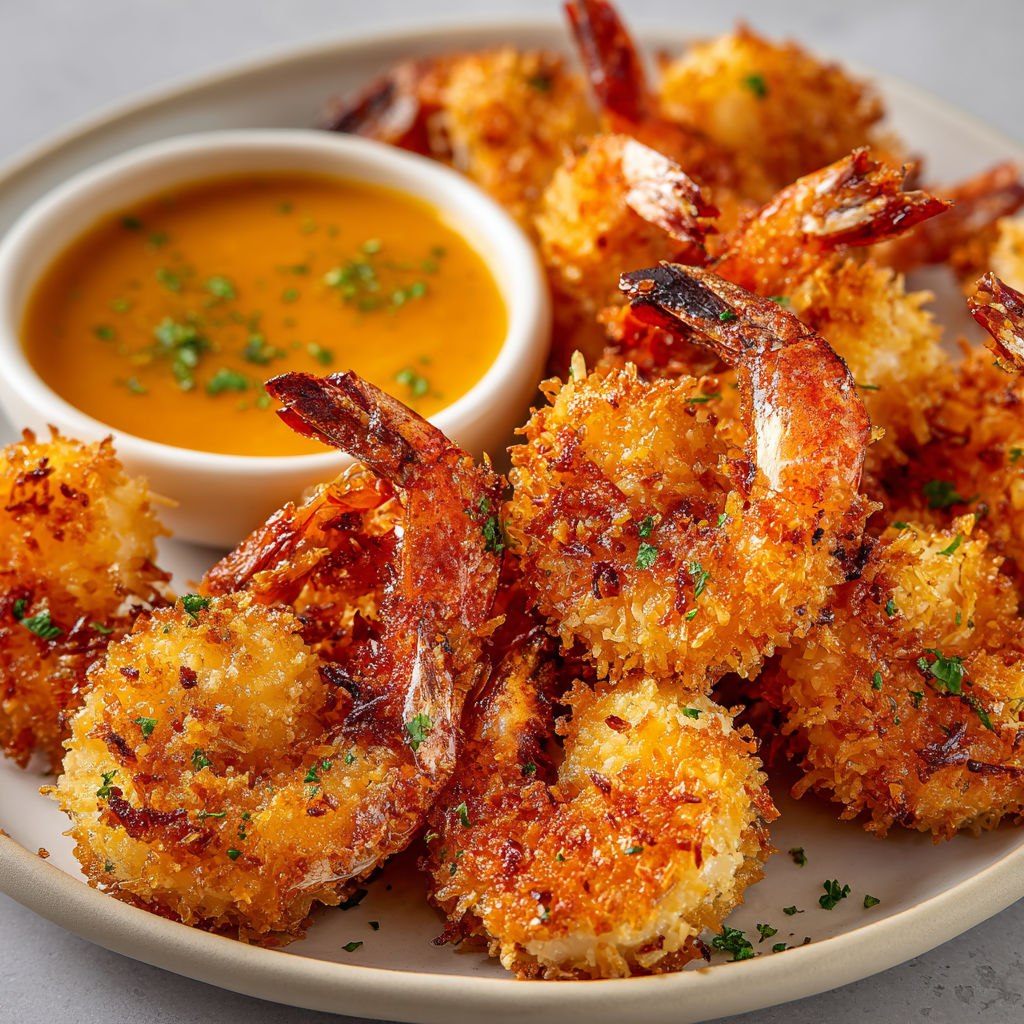 Une plaque contenant des crevettes panées à la noix de coco, préparées au Airfryer.