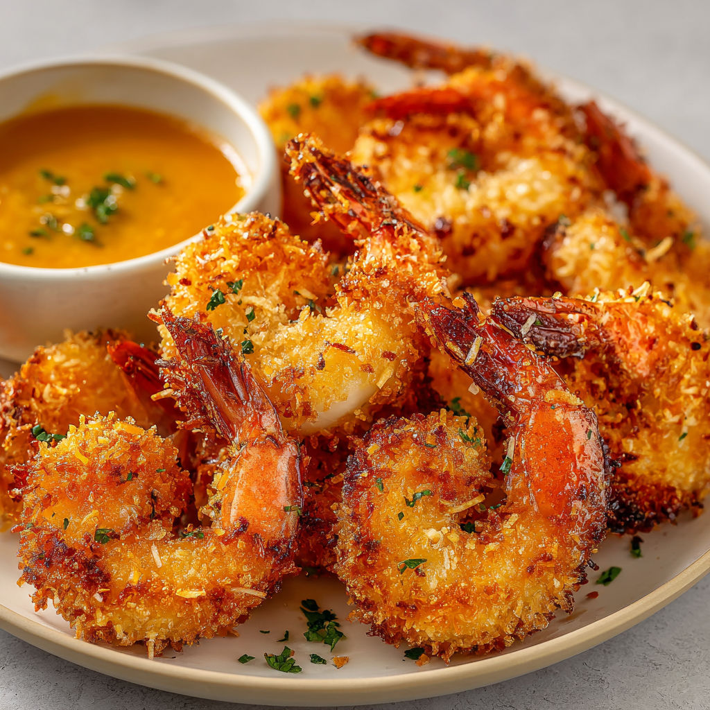 Une assiette de crevettes panées à la noix de coco, préparées au Airfryer.