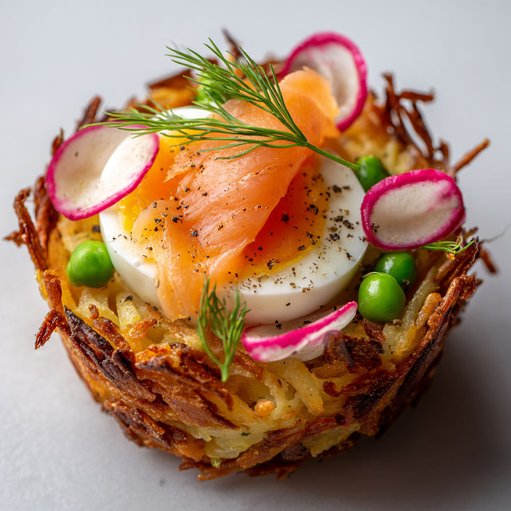 Une truite fumée est servie sur un rösti, accompagnée de légumes et d'œufs.