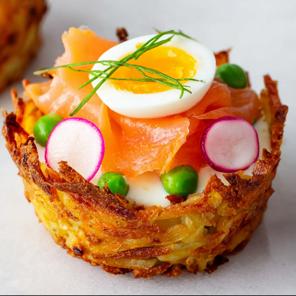 Nids de rösti croustillants à la truite fumée et skyr, frais et gourmands.