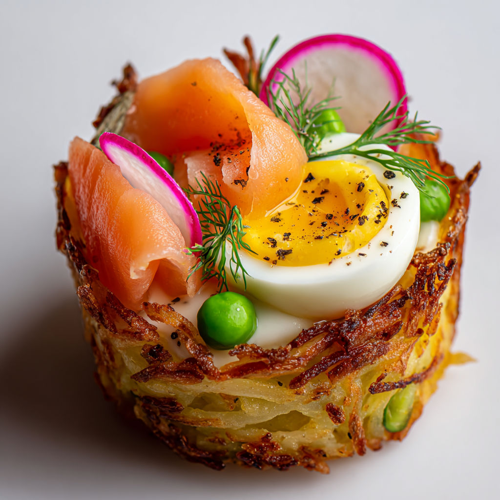 Röstis en forme de nids garnis de truite fumée et œuf de caille, recette raffinée.