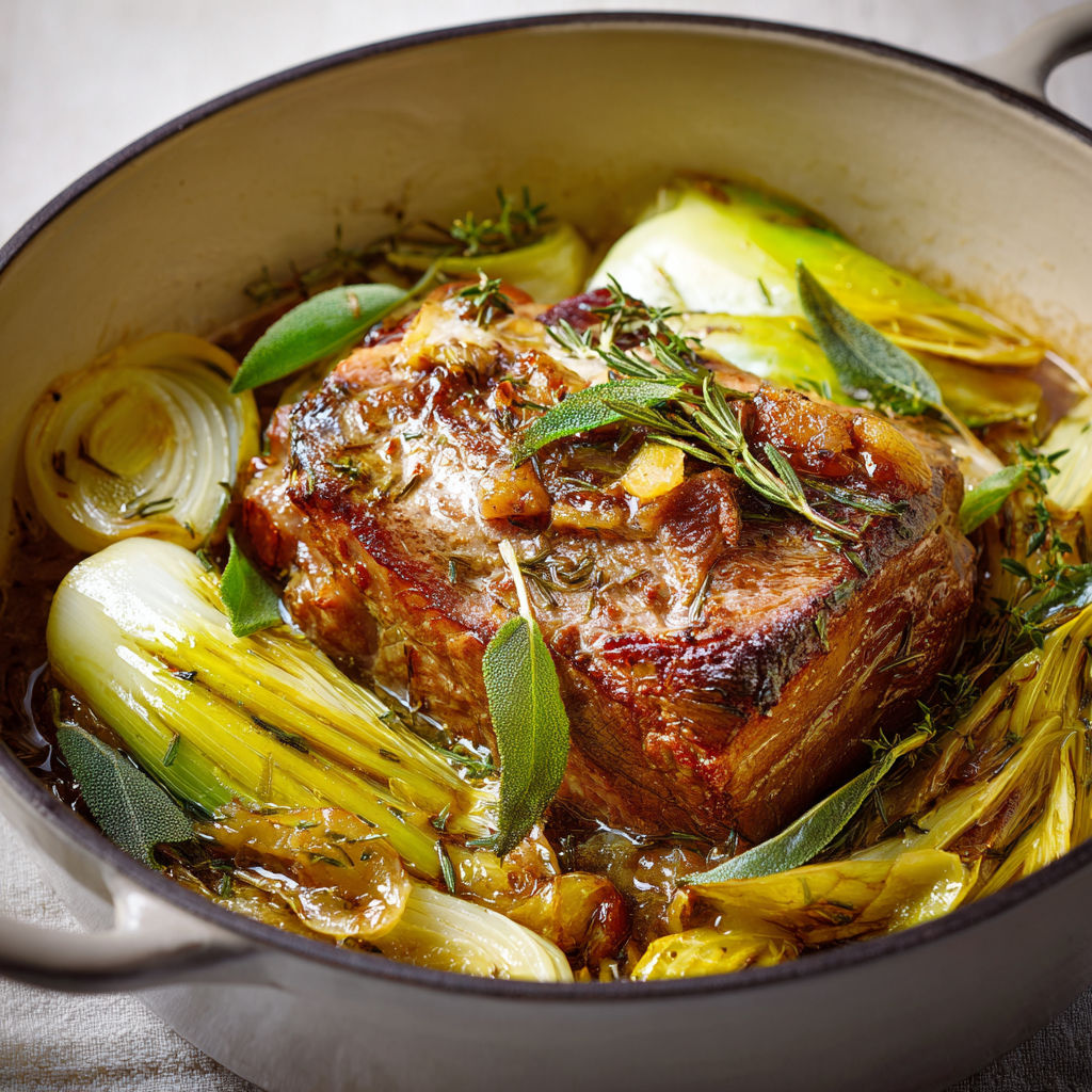 Porc fondant en cocotte aux poireaux, recette mijotée pleine de saveurs.