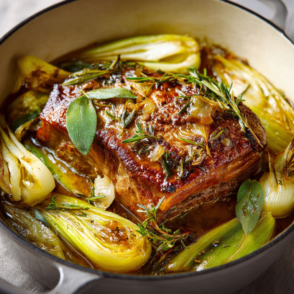 Porc mijoté au vin blanc, poireaux fondants et aromates façon cuisine maison.