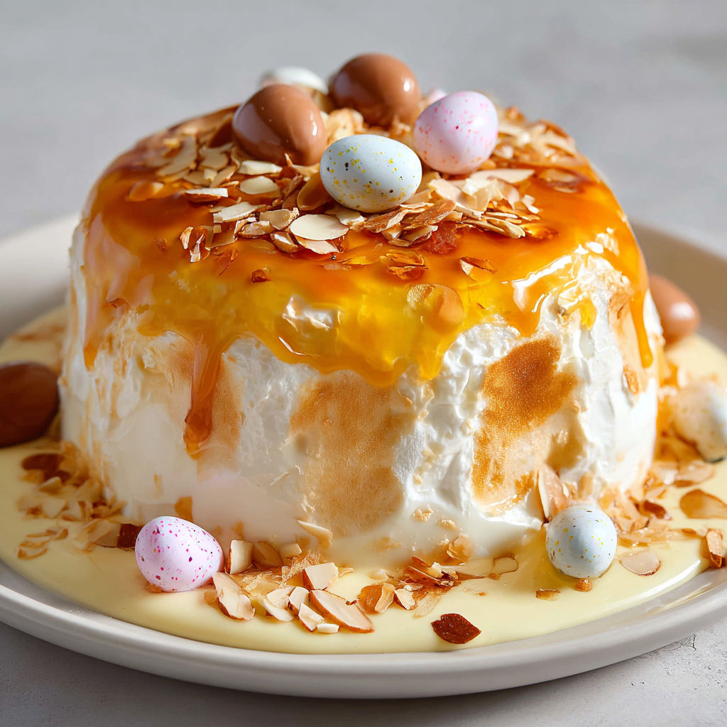 Une île flottante au caramel et œufs de Pâques, garnie de marrons et de sucre glace, est servie sur un plateau.