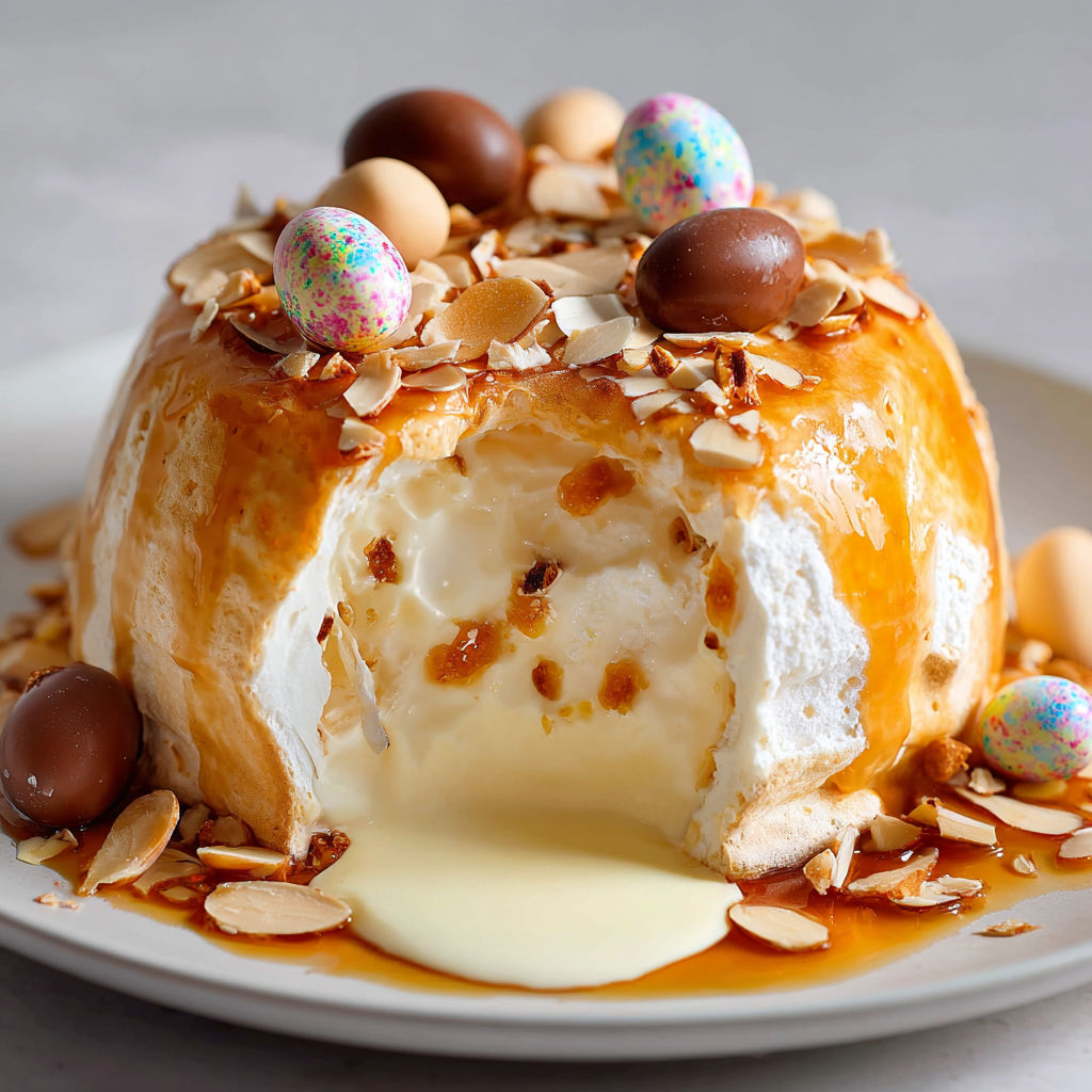 Une île flottante au caramel et œufs de Pâques, garnie de noix de cajou, est servie sur un plateau.