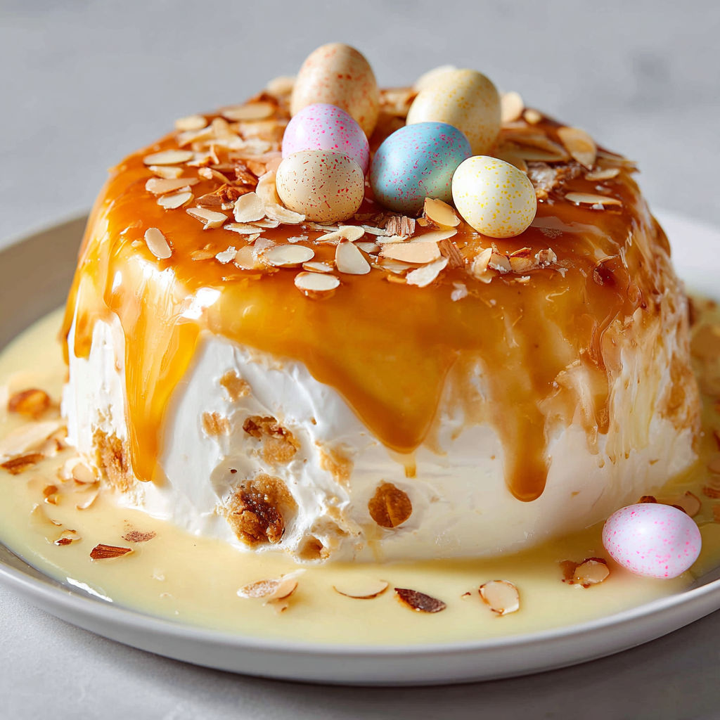 Une île flottante au caramel et œufs de Pâques, garnie de crumbles de beurre et de sucre, est servie sur un plateau.