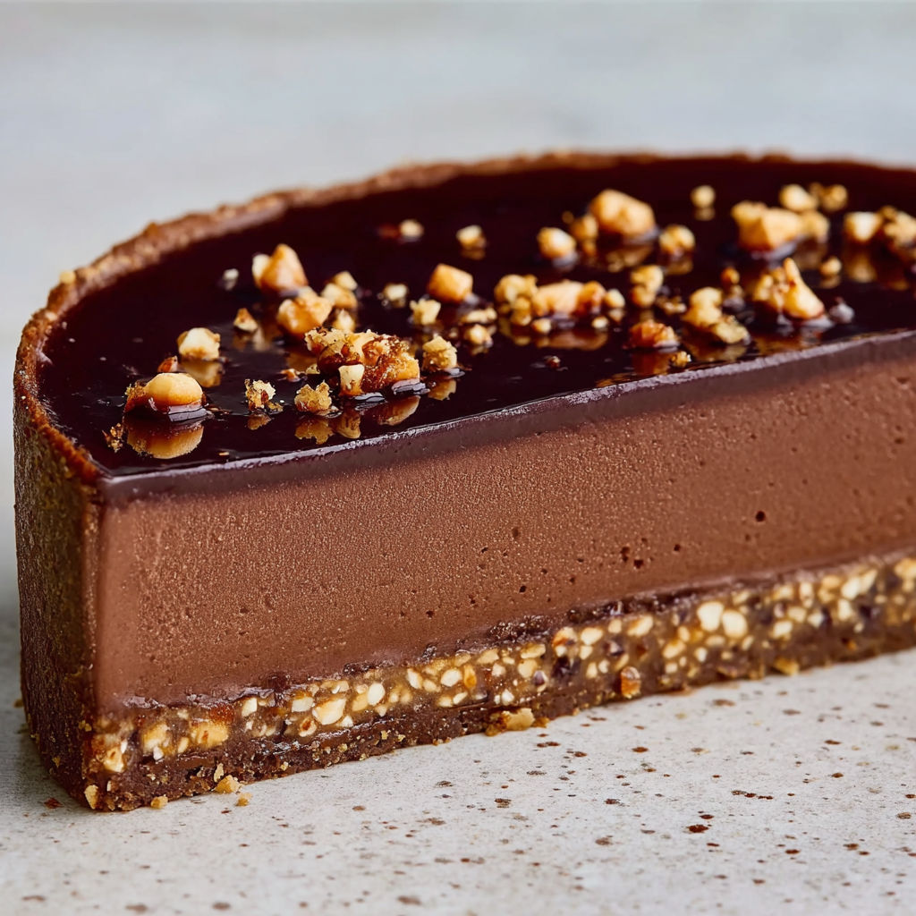 Une portion de flan pâtissier au chocolat et sarrasin, garnie de noix de cajou.