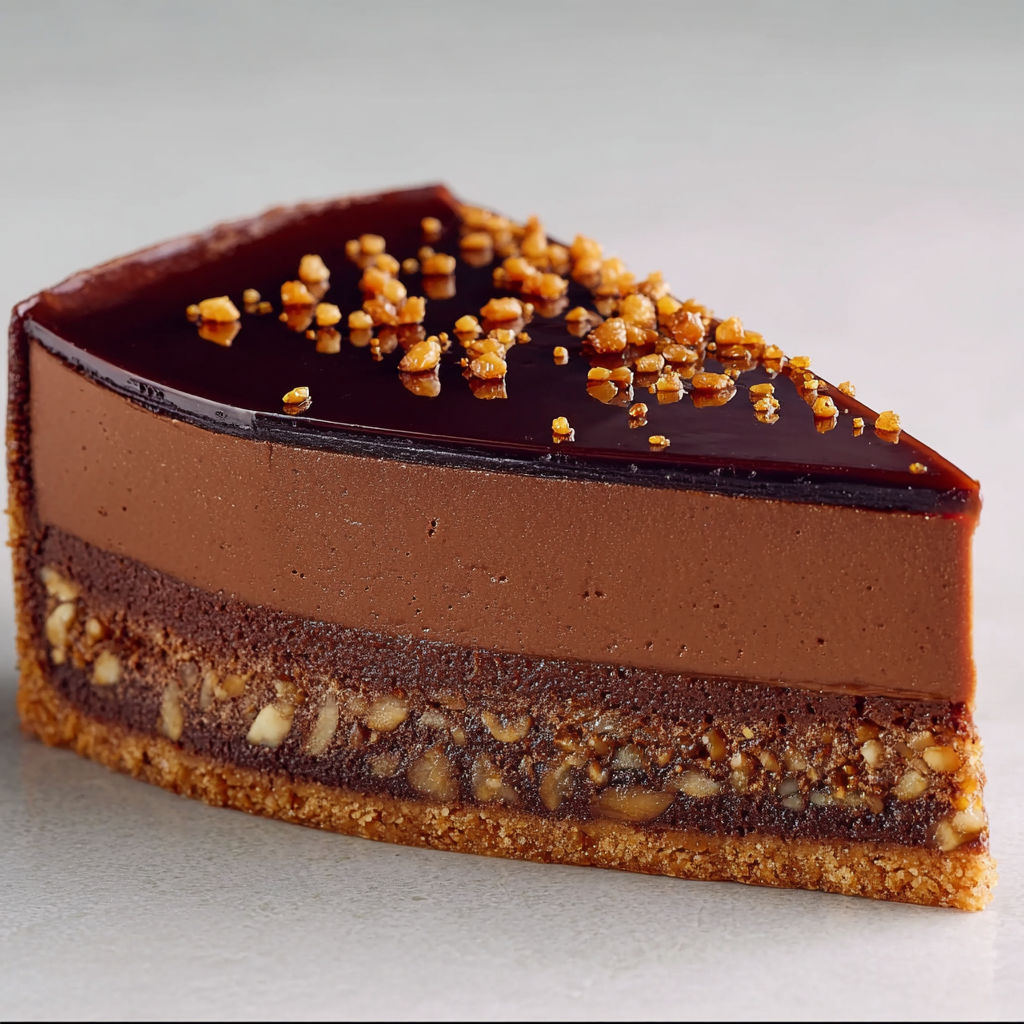 Une tranche de Flan pâtissier chocolat et sarrasin, cœur praliné ultra gourmand.
