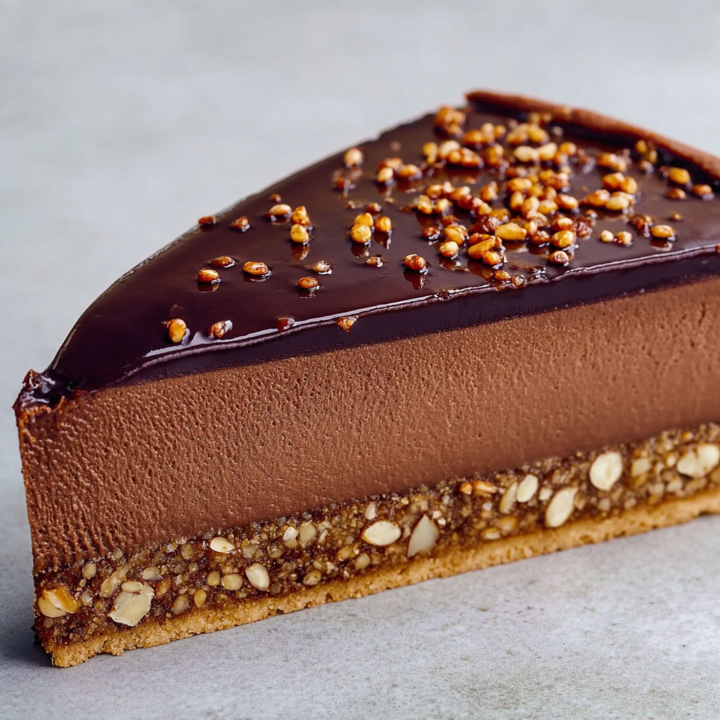 Une tranche de Flan crémeux au chocolat noir et praliné sarrasin, texture fondante irrésistible.