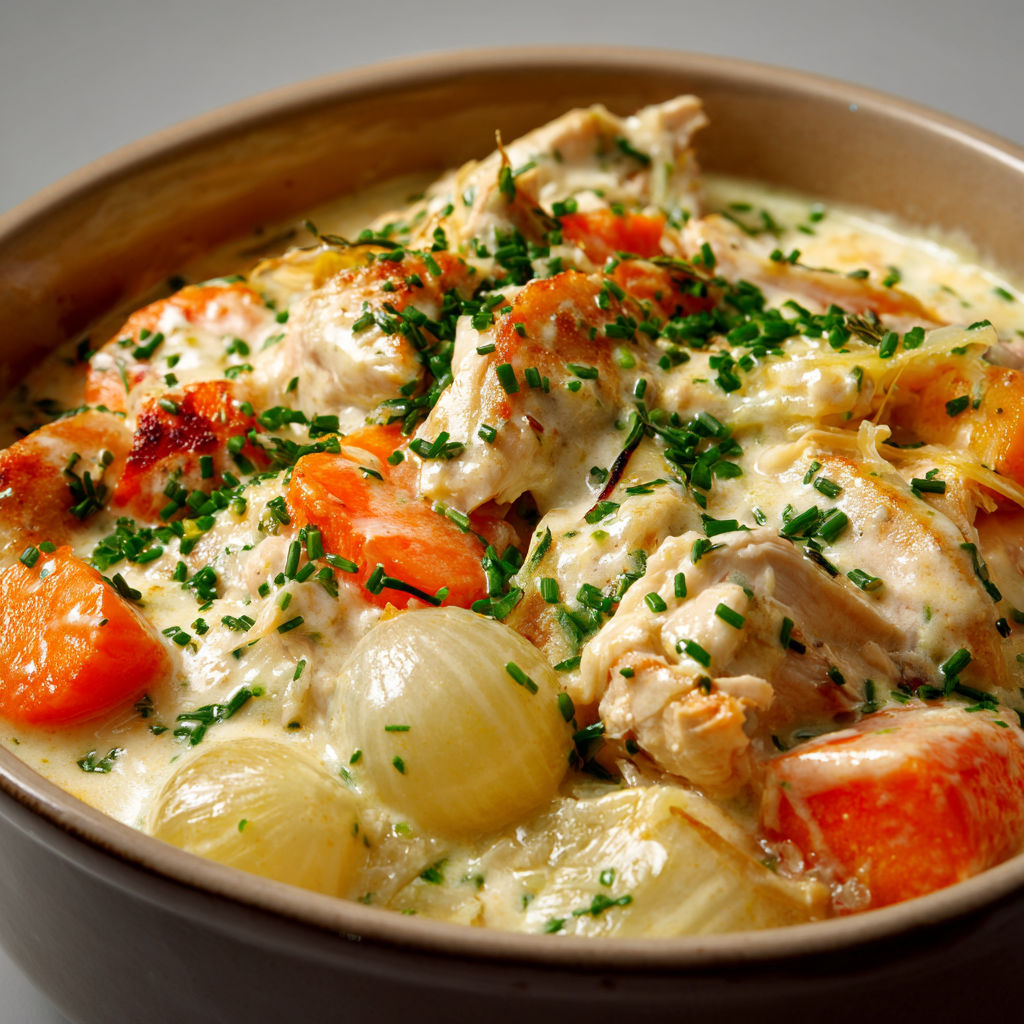 Blanquette de dinde fondante aux légumes, sauce crémeuse et citronnée.
