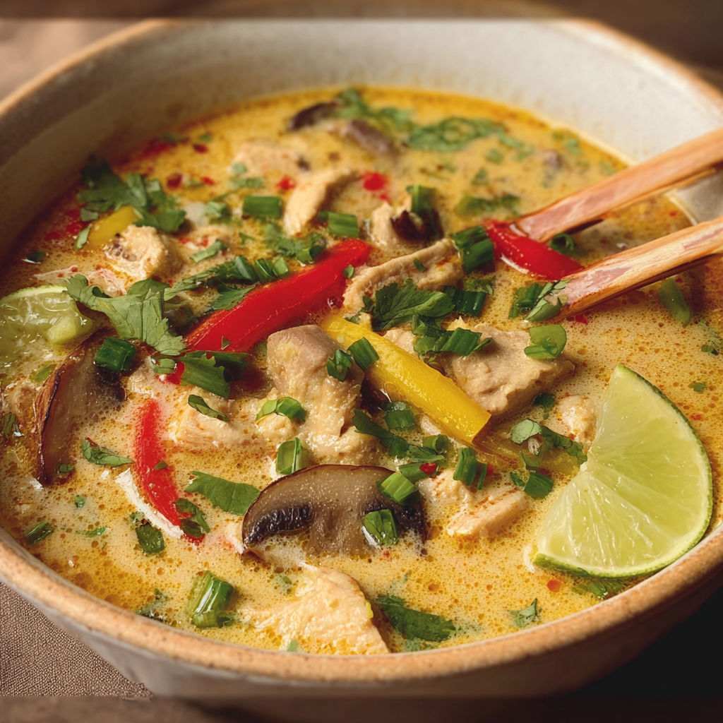 Soupe thaïe au poulet parfumée au coco et citronnelle, voyage garanti.