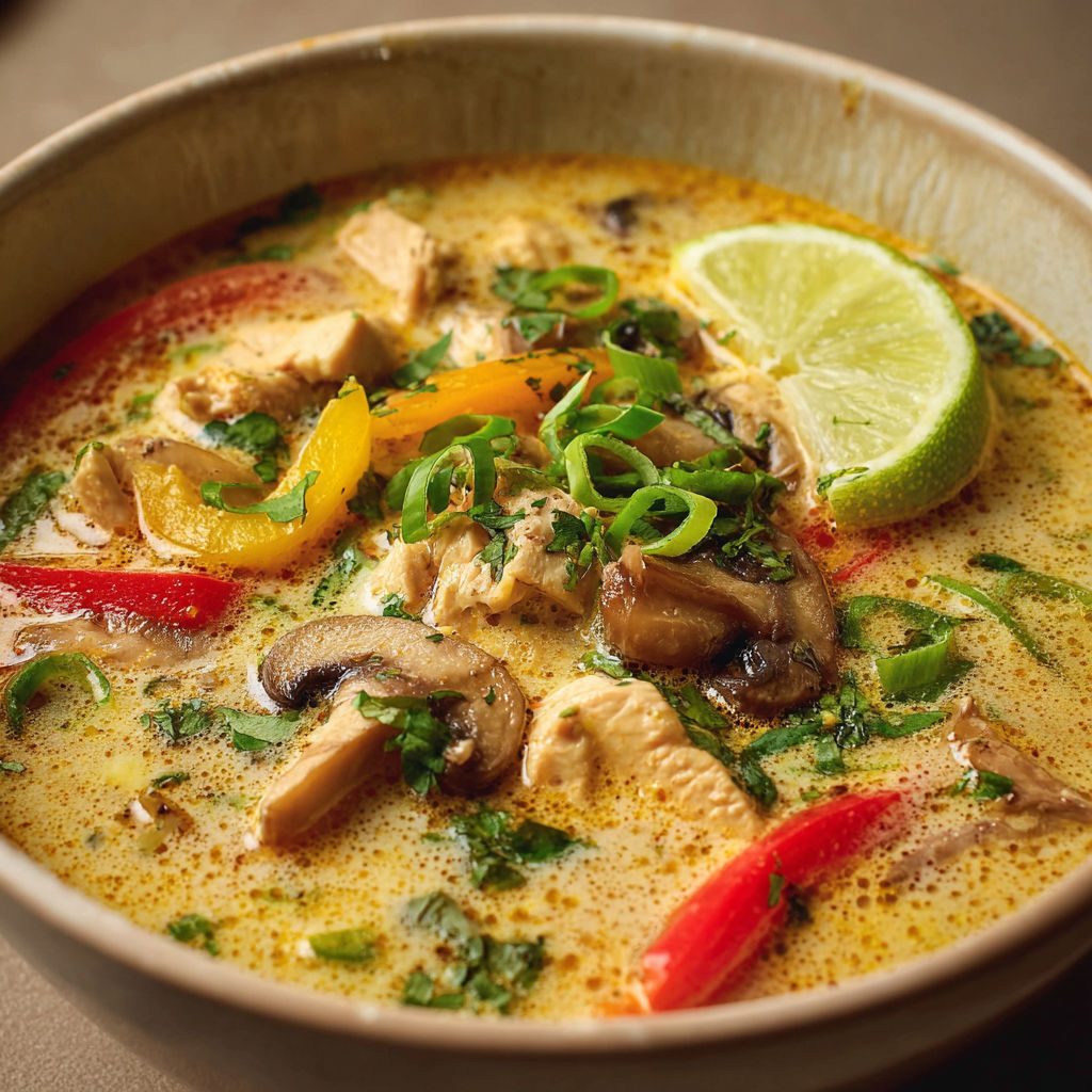 Bouillon thaï au poulet, curry et lait de coco, recette exotique et réconfortante.